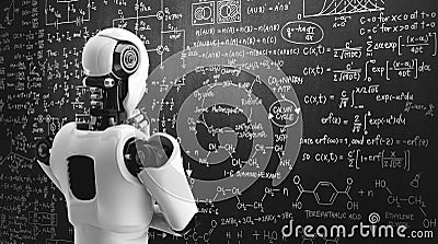 Thinking AI humanoid robot analyzing screen of mathematics formula and science Cartoon Illustration