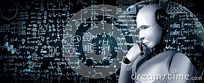 Thinking AI humanoid robot analyzing screen of mathematics formula and science Cartoon Illustration