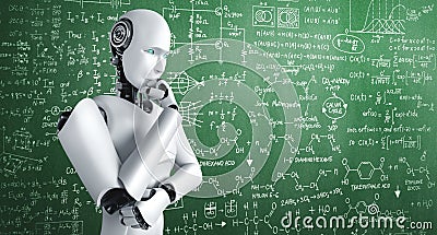 Thinking AI humanoid robot analyzing screen of mathematics formula and science Cartoon Illustration