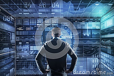 Calm programmer thoughtfully looking at the screen while studying information Stock Photo