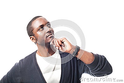 Thinking casual dressed black man. Stock Photo