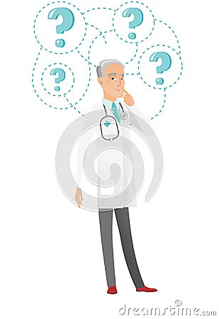 Thinking caucasian doctor with question marks. Vector Illustration