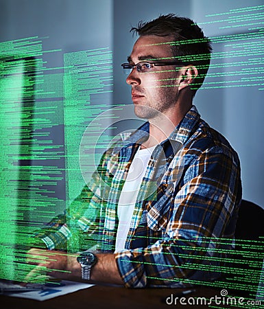 Thinking computer engineer reading cgi code, typing or searching on computer while designing or developing website late Stock Photo