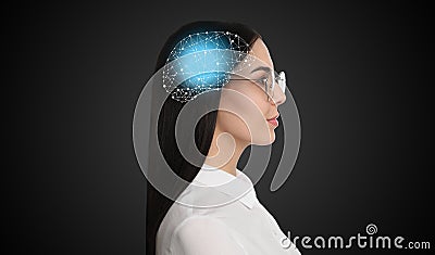 Thinking concept. Young woman and illustrated brain on background Stock Photo