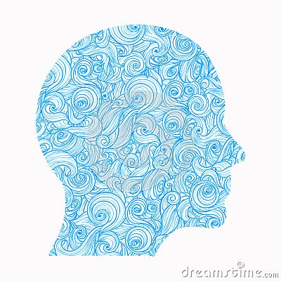 Thinking. The contour of the human head, inside of which there is a pattern of interlocking waves, symbolizing the Vector Illustration