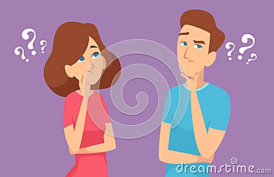 Thinking couple. Male and female characters expression standing and have a question face brainstorming emotions concept Vector Illustration