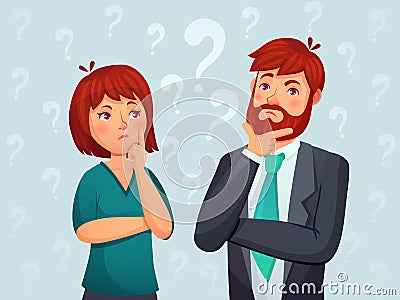 Thinking couple. Thoughtful man and woman, confused troubled question and people finding answer cartoon vector Vector Illustration