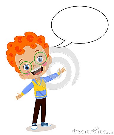 Thinking cute smart little boy talk with balloon chat Stock Photo