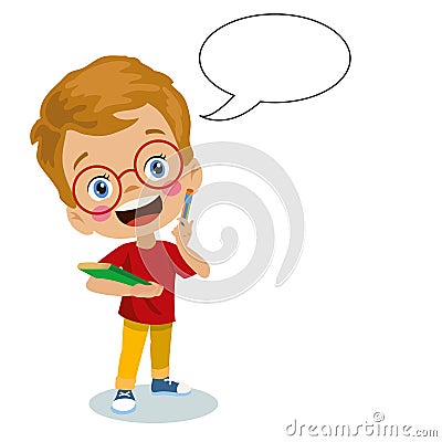 Thinking cute smart little boy talk with balloon chat Stock Photo