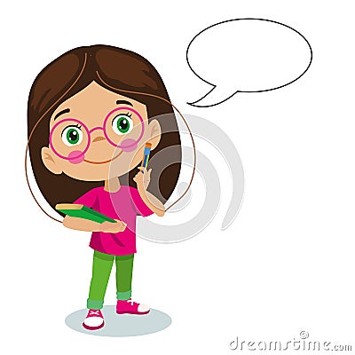 Thinking cute smart little girl talk with balloon chat Stock Photo