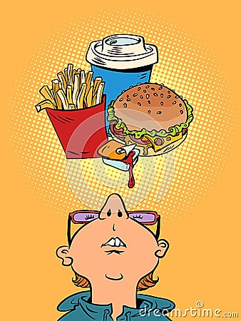 Thinking about delivering delicious fast food to your home. Bad food for our health, and we still want it. A man with Cartoon Illustration