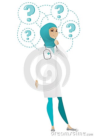 Thinking doctor with question marks. Vector Illustration