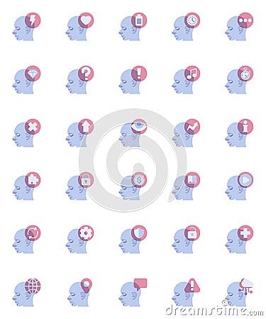 Thinking head collection, flat icons set Vector Illustration