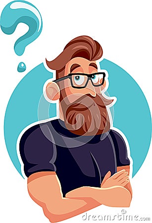 Thinking Hipster Bearded Man with Question Mark Vector Cartoon Vector Illustration