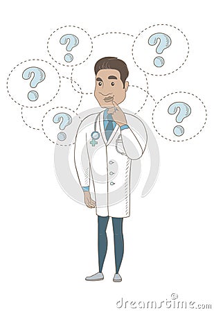 Thinking hispanic doctor with question marks. Vector Illustration