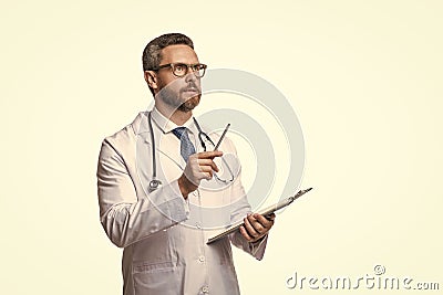 thinking internist with prescription on background. photo of internist with prescription. Stock Photo