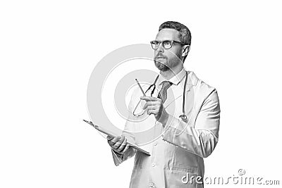 thinking internist with prescription on background. photo of internist with prescription. Stock Photo