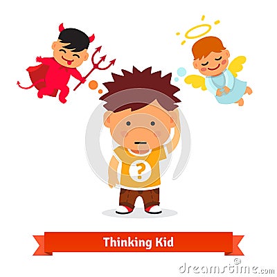 Thinking kid making choice between good and evil Vector Illustration