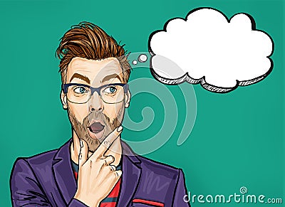 Thinking Man with open mouth looking up on empty bubble.Wow men is shocked and holding hand near the face Stock Photo