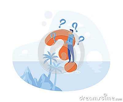 Thinking man with question mark. Confused, doubts, curious. Frequently Asked Questions (FAQ) concept. Vector Illustration