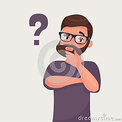 Thinking man with question mark. Vector illustration in cartoon style Vector Illustration