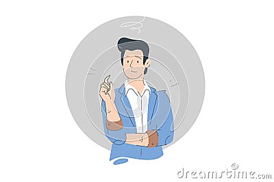 Thinking man standing pensive contemplating looking skeptic Vector Illustration