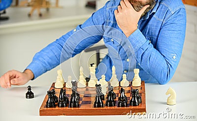 Thinking about next step. Tactics is knowing what to do. Development logics. Learning play chess. Chess lesson. Strategy Stock Photo