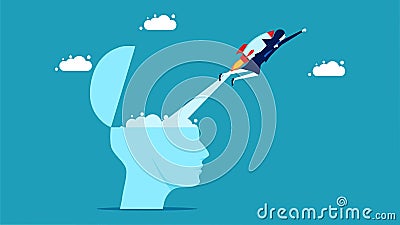 Thinking outside the box. Businesswoman with rocket flying out of model head. Vector Illustration