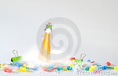 thinking outside the box, idea,start up,innovation, human resources business concept with heap of office supplies, a paper clamp Stock Photo
