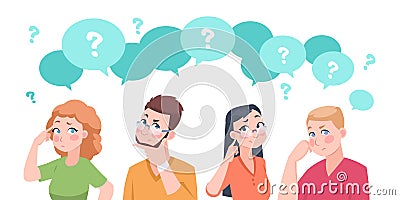 Thinking people group. Anxiety characters, flat crowd in doubt talking and confused, business team and social group Vector Illustration