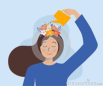 Thinking positive mindset. Girl watering flowers on her head with watering can Vector Illustration