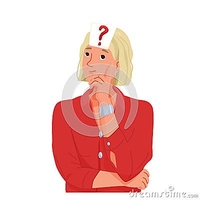 Thinking, question, doubt concept vector illustration. Young confused woman with large problem mark sticker on her Vector Illustration