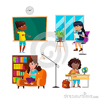 Thinking School Girls About Education Set Vector Stock Photo