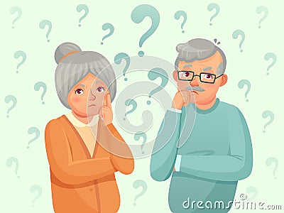 Thinking seniors couple. Confused elderly people. Grandfather, grandmother forget and trying remember cartoon vector Vector Illustration