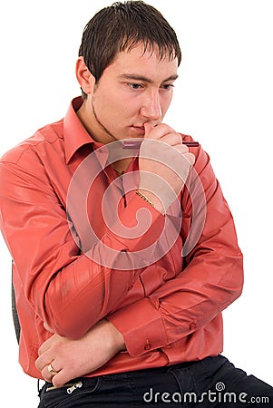 Thinking Sittin Young Adult Man. Stock Photo