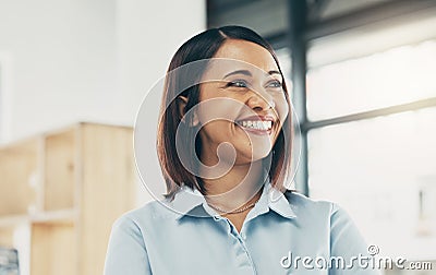 Thinking, smile and business woman with ideas and happy with strategy for workplace, company or career opportunity Stock Photo