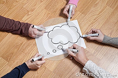 Thinking speech bubble balloon and thought cloud. Stock Photo