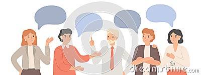 Thinking team. Teamwork communication, office workers communicate and discuss project. Group chat, group talk together Vector Illustration