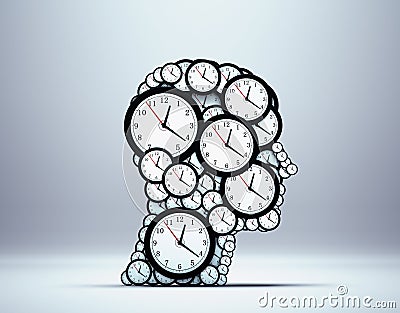 Thinking time concept as a group of clock objects shaped as a human head Cartoon Illustration