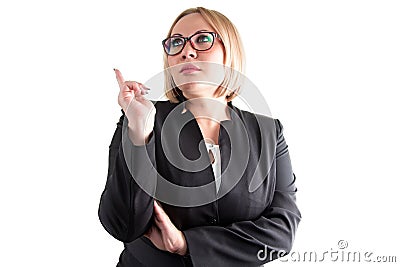 Thinking usiness woman on white background Stock Photo