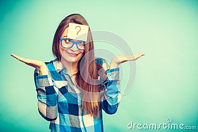 Thinking woman with big eyeglasses and light bulb Stock Photo