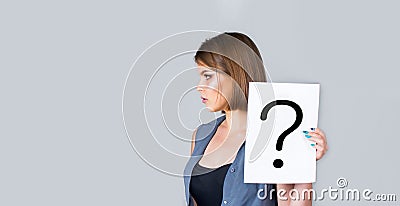 Thinking woman. Girl question. Getting answers, thinking. Question mark, symbol. Concept - challenging issue, looking Stock Photo