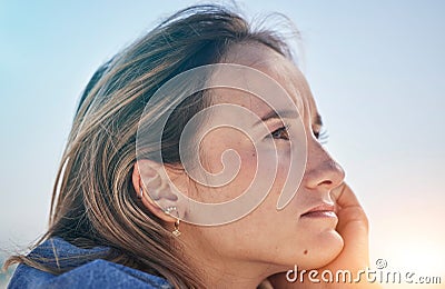 Thinking woman, stress face or depression in nature environment or climate change vision, ideas or innovation. Zoom Stock Photo