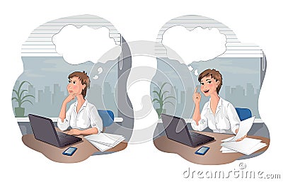 Thinking woman and woman with idea on the office Vector Illustration