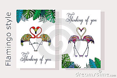 Thinking of you - card. Flamingo style, set. flamingo, tropical leaves. vector illustration eps10. hand drawing. Vector Illustration