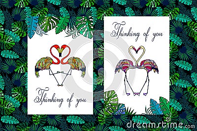 Thinking of you - card. Flamingo style, set. flamingo, tropical leaves. vector illustration eps10. hand drawing. Vector Illustration