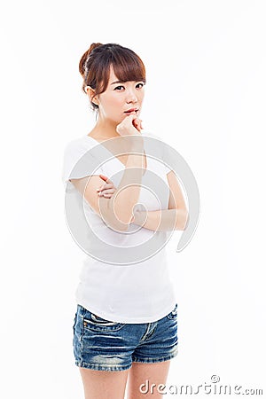 Thinking young Asian woman Stock Photo