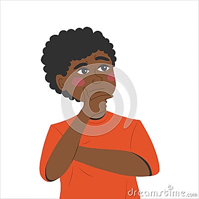 Thinking young black man has a question. Rubs chin, looks up and thinks about a new creative idea Vector Illustration