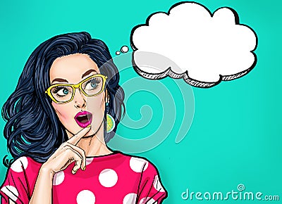 Thinking young woman with open mouth looking up on empty bubble.Pop Art girl is thought and holding hand near the face Stock Photo