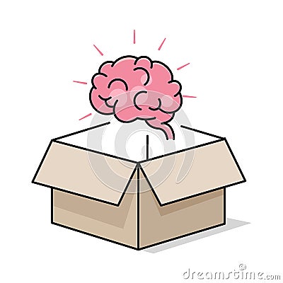 Human brain hovering outside an open cardboard box. Thinking outside the box concept. Flat style illustration. Isolated. Vector Illustration